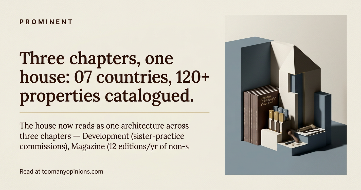 Three chapters, one house: 07 countries, 120+ properties catalogued.