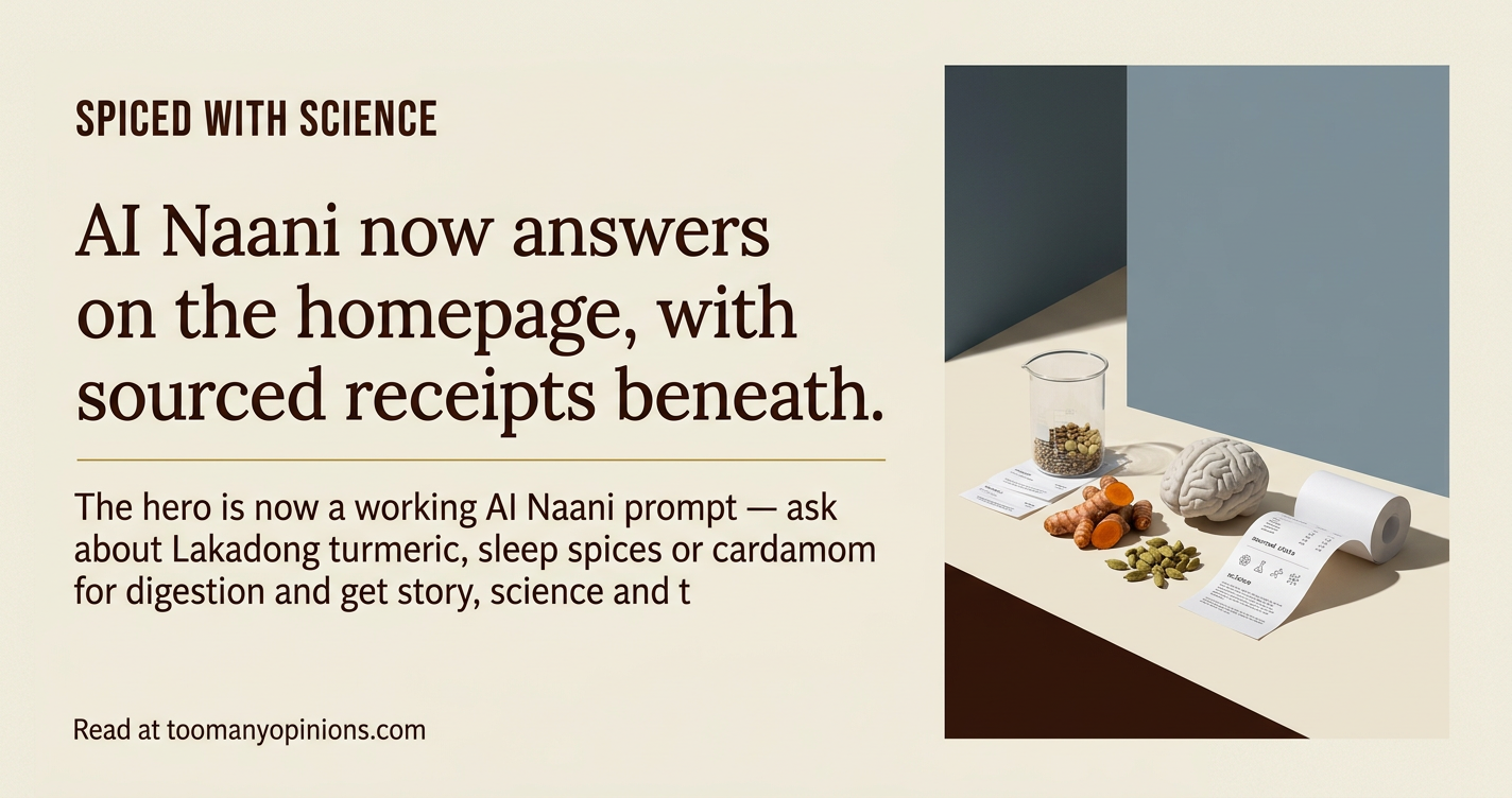 AI Naani now answers on the homepage, with sourced receipts beneath.